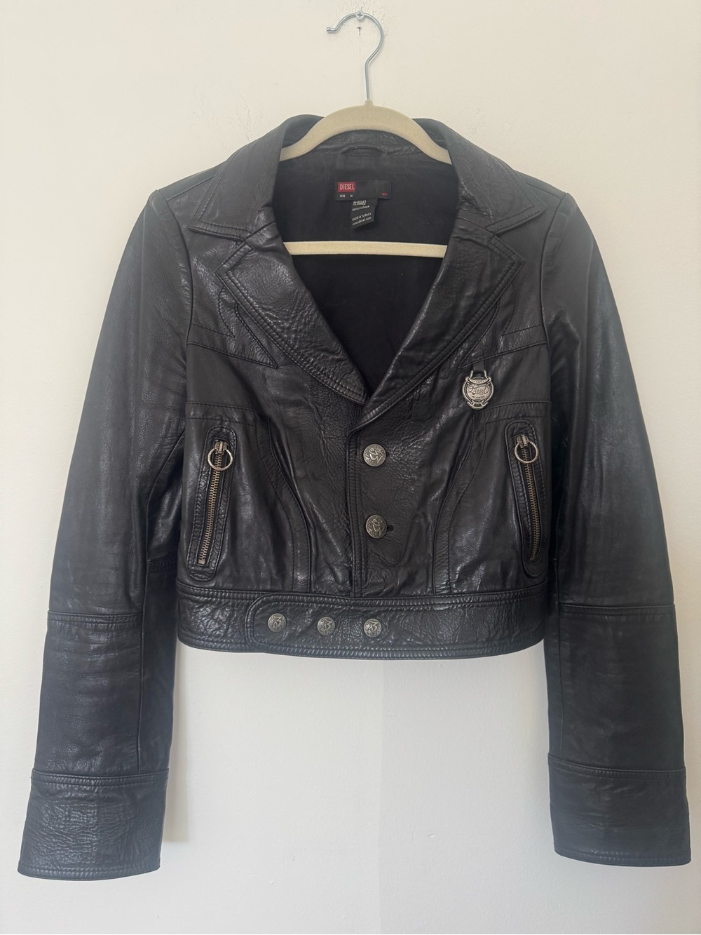 Diesel Black Leather Cropped Button Jacket